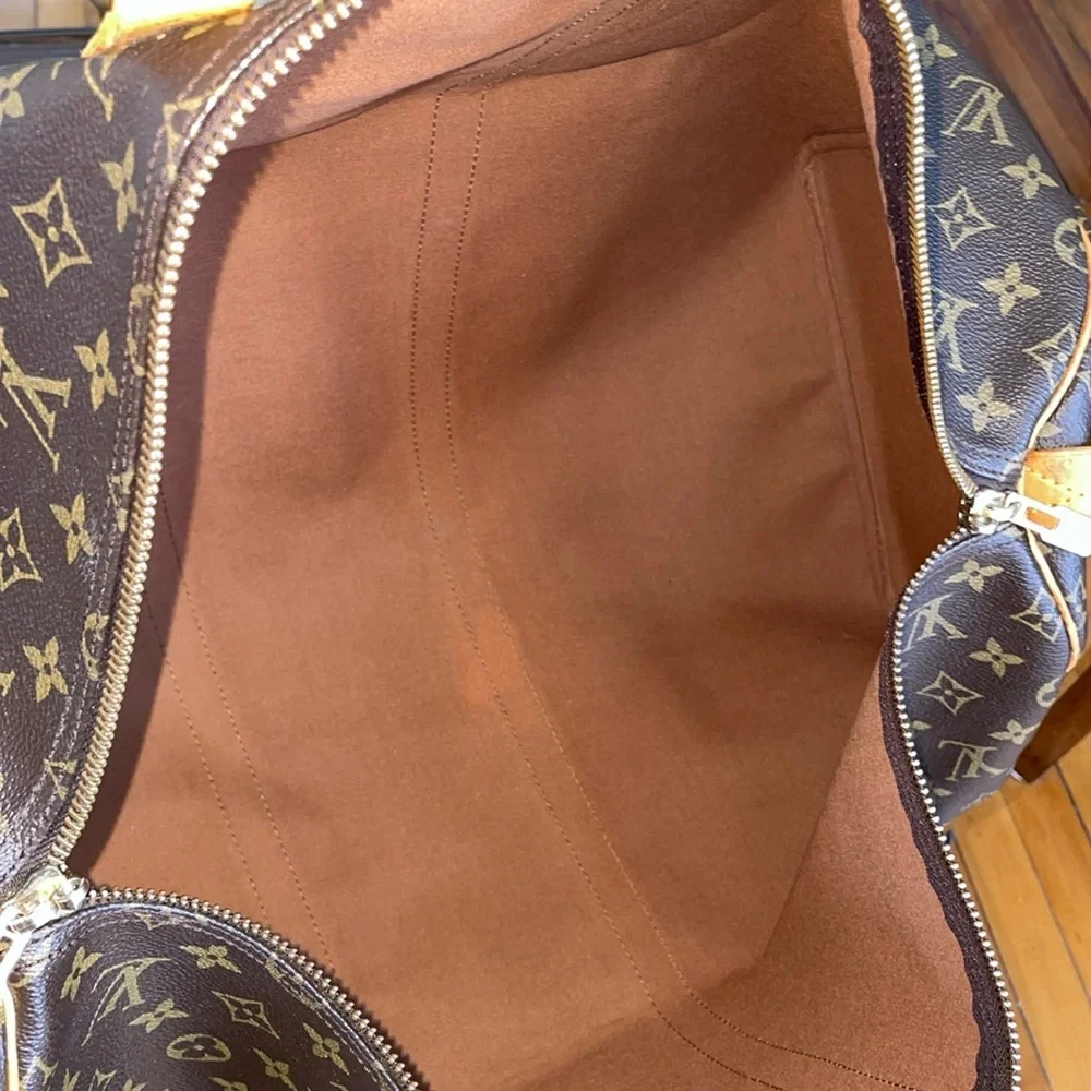 Louis Vuitton Brown Monogram Keepall Duffel with Tan Leather Trim